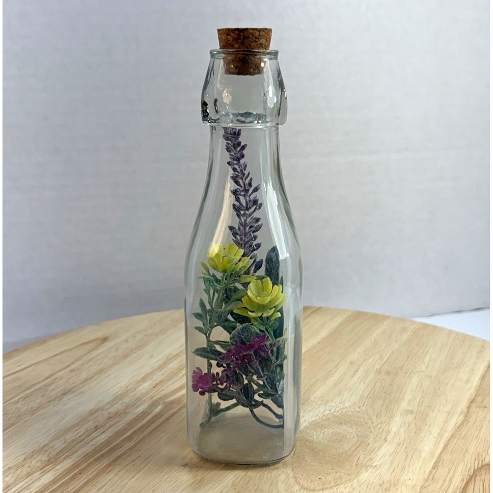 Clear Glass Decorative Bottle w/ Cork Stopper, Floral Botanical Insert, 7.5 in